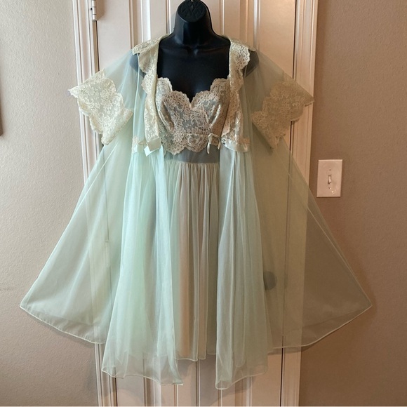 Vintage 50s Shadowline Chiffon Soft Green Ballerina Gown Peignoir Set Sz 32/S - Picture 5 of 16